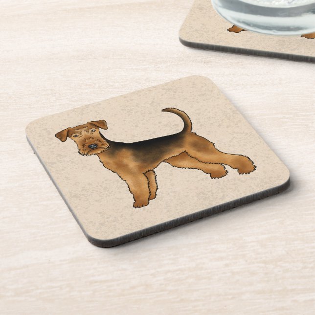 Airedale Terrier Cute Cartoon Dog On Beige Beverage Coaster (Left Side)