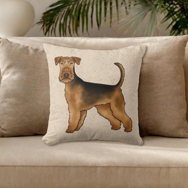 Airedale Terrier Cute Cartoon Dog On Beige Throw Pillow (Please note: This image is a digital mockup. The product may not be in scale.)