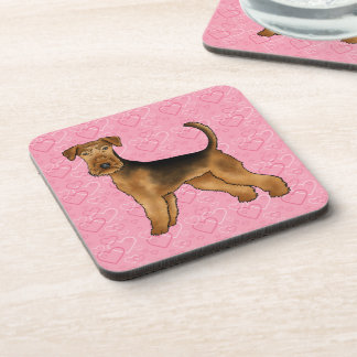 Airedale Terrier Cute Cartoon Dog With Pink Hearts Beverage Coaster