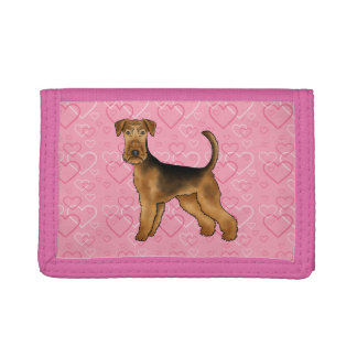 Airedale Terrier Cute Cartoon Dog With Pink Hearts Trifold Wallet