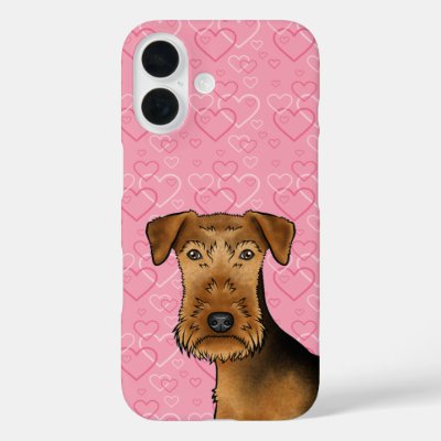 Airedale Terrier Cute Dog Head On Pink Hearts iPhone 16 Case