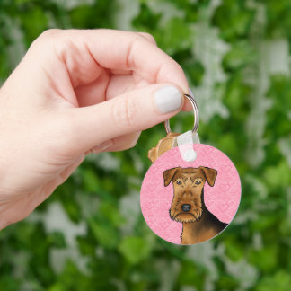 Airedale Terrier Cute Dog Head On Pink Hearts Keychain