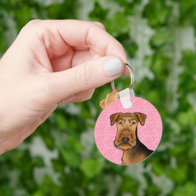 Airedale Terrier Cute Dog Head On Pink Hearts Keychain (Hand)