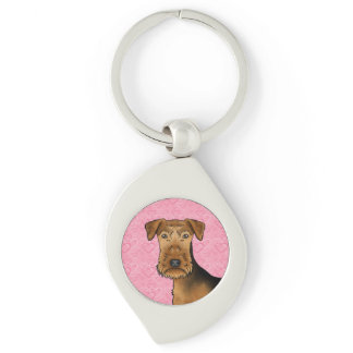 Airedale Terrier Cute Dog Head On Pink Hearts Keychain