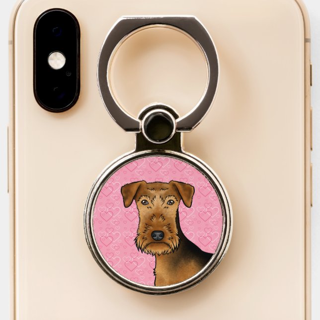 Airedale Terrier Cute Dog Head On Pink Hearts Phone Ring Stand (Close Up)