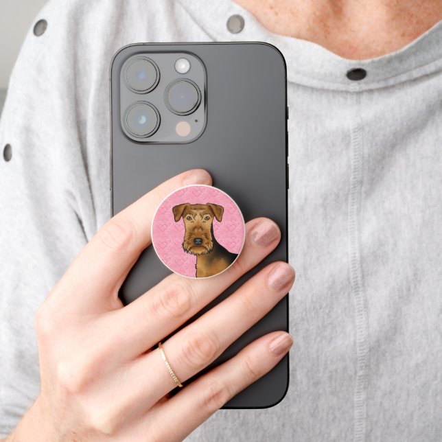 Airedale Terrier Cute Dog Head On Pink Hearts PopSocket (Hand)