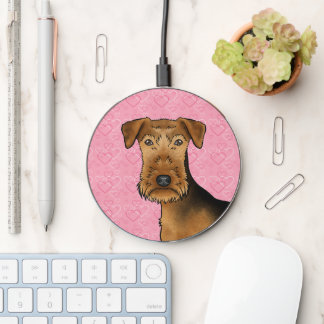 Airedale Terrier Cute Dog Head On Pink Hearts Wireless Charger