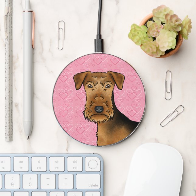 Airedale Terrier Cute Dog Head On Pink Hearts Wireless Charger (Desk)