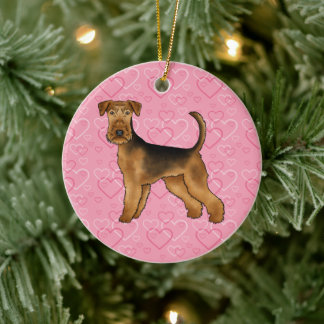 Airedale Terrier Cute Dog Love And Hearts On Pink Ceramic Ornament