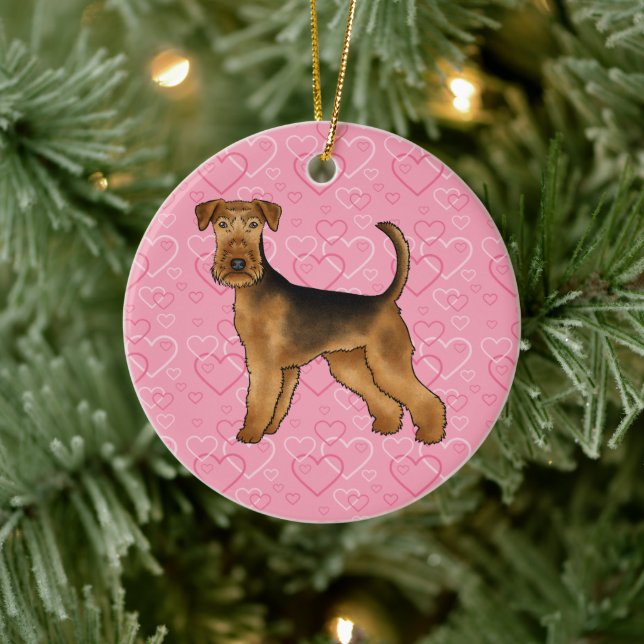 Airedale Terrier Cute Dog Love And Hearts On Pink Ceramic Ornament (Tree)