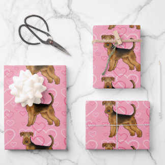 Airedale Terrier Cute Dog Love And Hearts On Pink Wrapping Paper Sheets