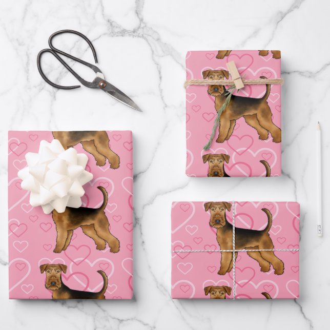 Airedale Terrier Cute Dog Love And Hearts On Pink Wrapping Paper Sheets (Front)