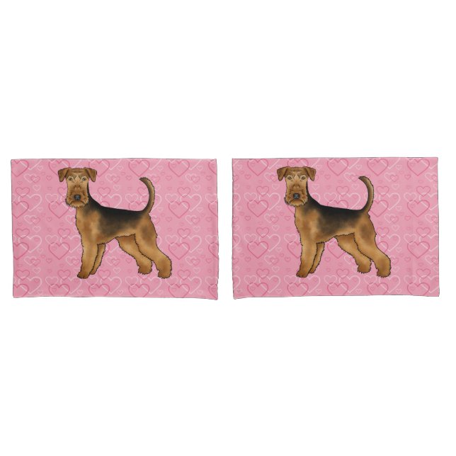 Airedale Terrier Cute Dog Love With Pink Hearts Pillow Case (Front-Set)