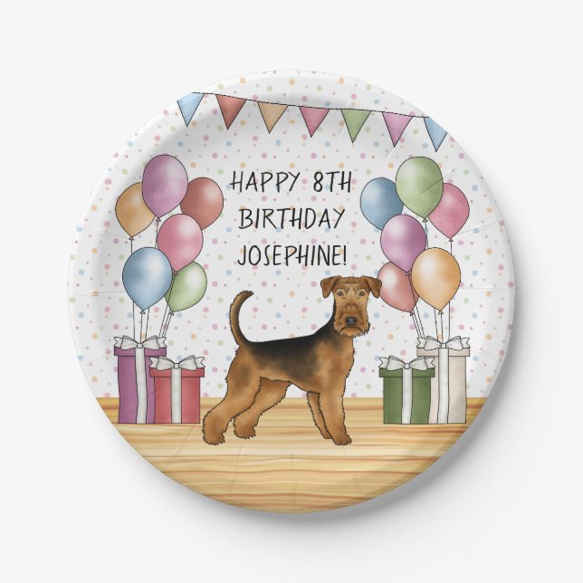 Airedale Terrier Cute Dog Pastel Happy Birthday Paper Plates (Front)