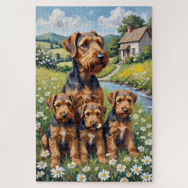 Airedale Terrier Daisy Meadow Art Jigsaw Puzzle (Vertical)