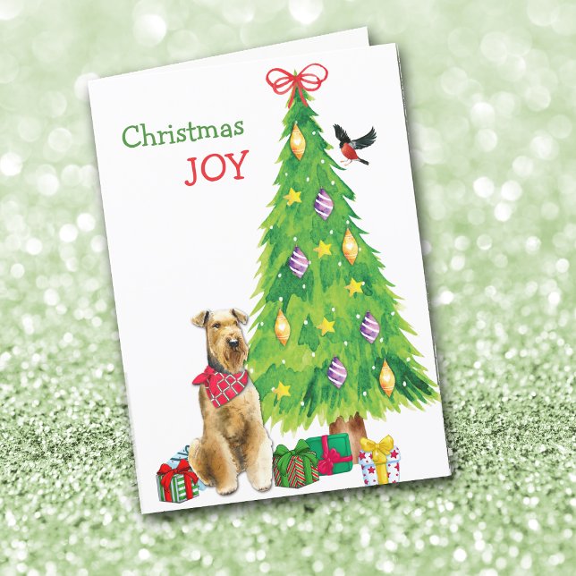 Airedale Terrier Dog and Christmas Tree Holiday Card (Creator Uploaded)