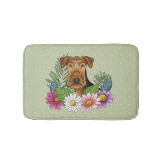 Airedale Terrier Dog And Colorful Flowers Green Bath Mat