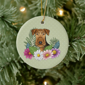 Airedale Terrier Dog And Colorful Flowers Green Ceramic Ornament