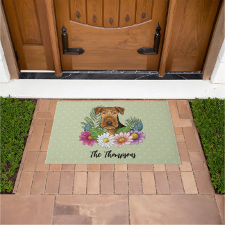 Airedale Terrier Dog And Colorful Flowers Green Doormat