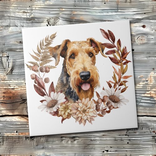 Airedale Terrier Dog Autumn Wreath Ceramic Tile