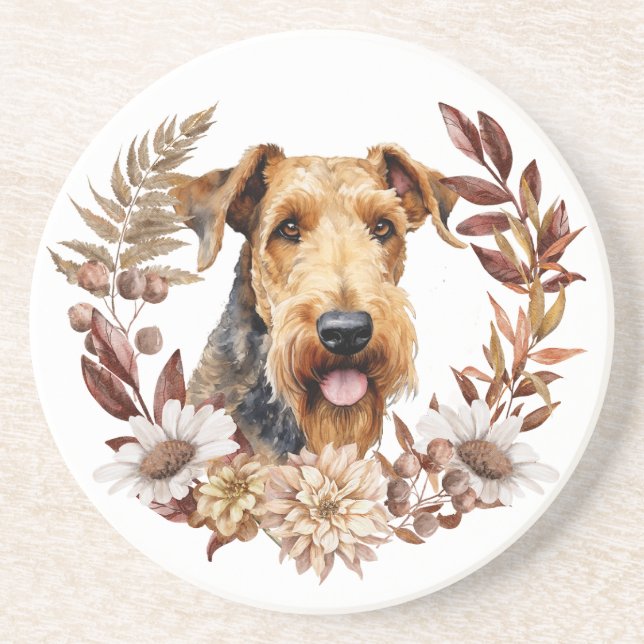 Airedale Terrier Dog Autumn Wreath Coaster (Front)