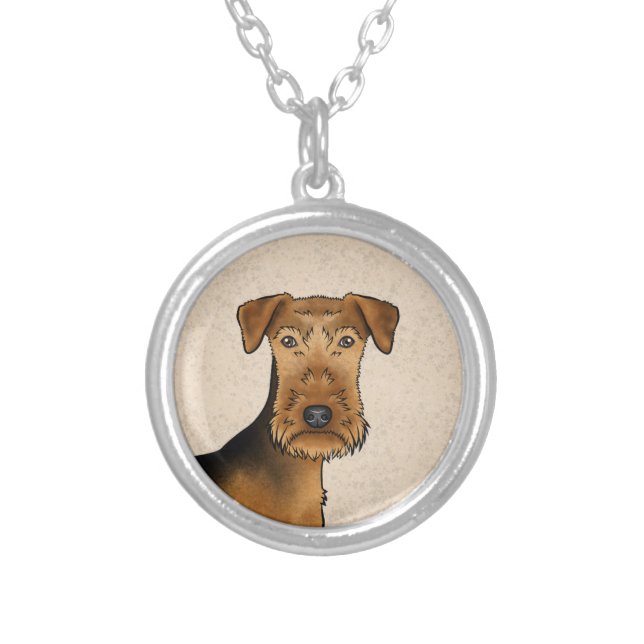Airedale Terrier Dog Bingley Terrier Dog Head Silver Plated Necklace (Front)