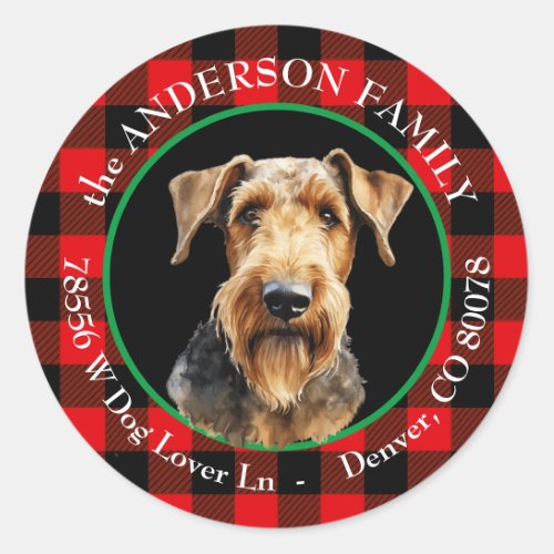 Airedale Terrier Dog Buffalo Plaid Return Address Classic Round Sticker