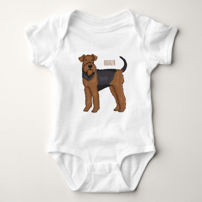 Airedale terrier dog cartoon illustration baby bodysuit (Front)