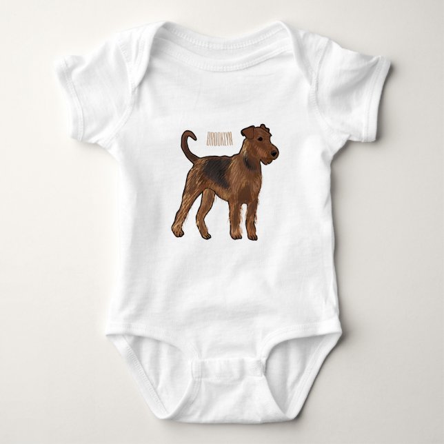 Airedale terrier dog cartoon illustration baby bodysuit (Front)