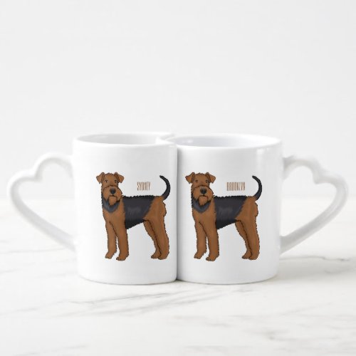 Airedale terrier dog cartoon illustration coffee mug set