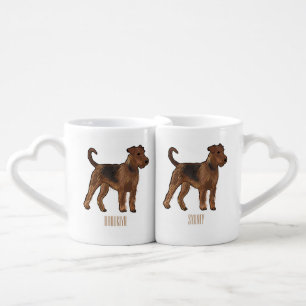 Airedale terrier dog cartoon illustration coffee mug set