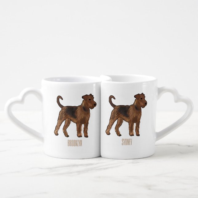 Airedale terrier dog cartoon illustration coffee mug set (Front Nesting)