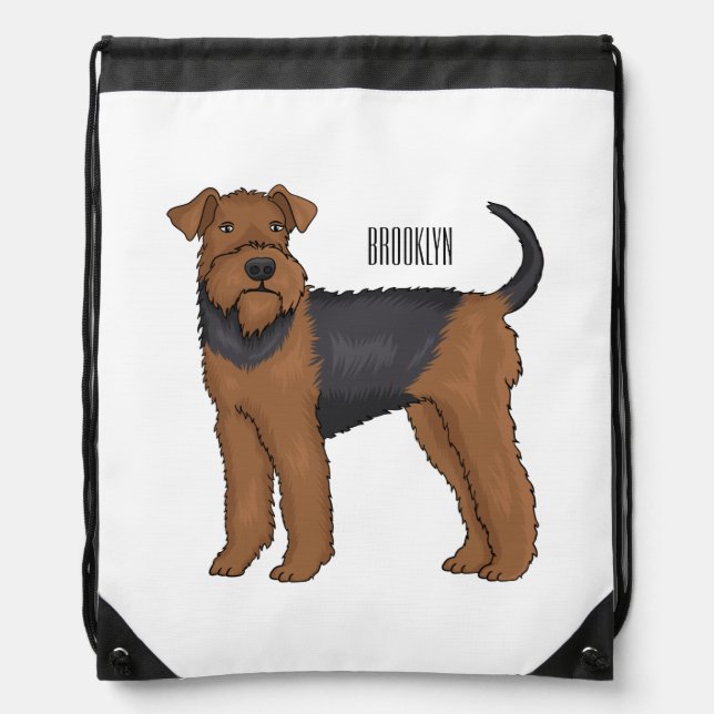 Airedale terrier dog cartoon illustration drawstring bag (Front)