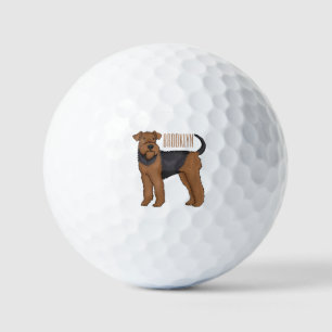 Airedale terrier dog cartoon illustration golf balls