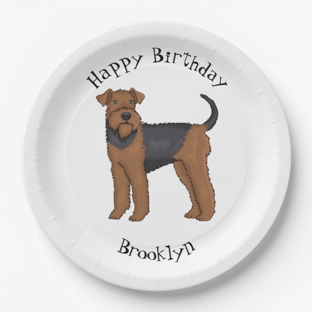 Airedale terrier dog cartoon illustration paper plates (Front)