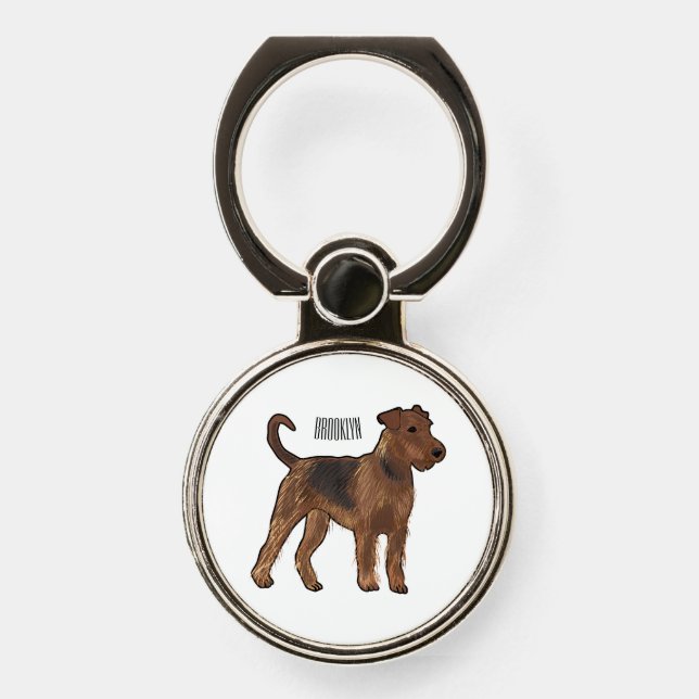 Airedale terrier dog cartoon illustration phone ring stand (Front)