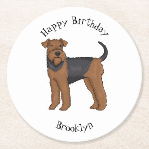Airedale terrier dog cartoon illustration round paper coaster