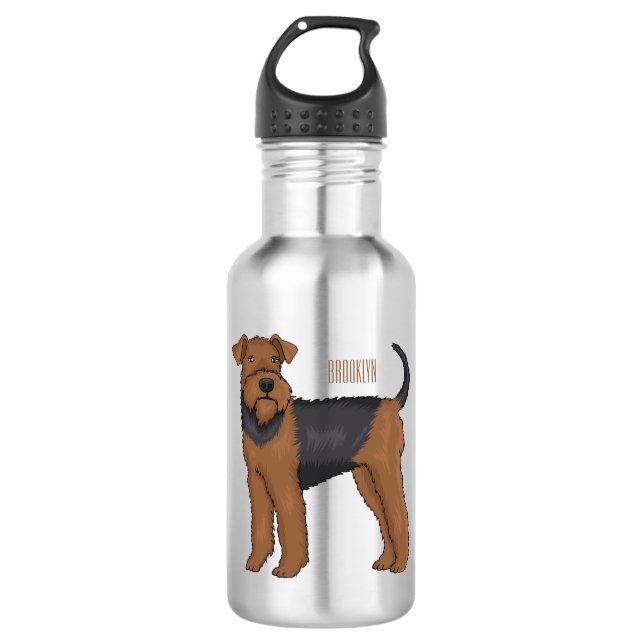 Airedale terrier dog cartoon illustration  stainless steel water bottle (Front)