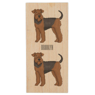 Airedale terrier dog cartoon illustration wood flash drive
