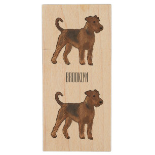 Airedale terrier dog cartoon illustration wood flash drive