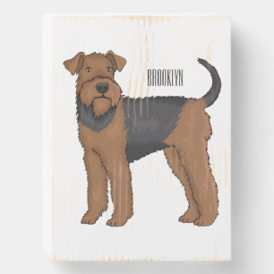 Airedale terrier dog cartoon illustration wooden box sign