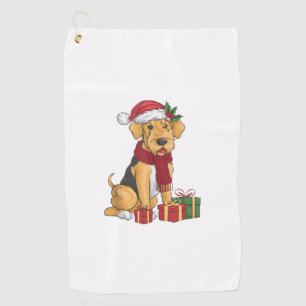 Airedale Terrier Dog Christmas Outfits Santa Hat D Golf Towel