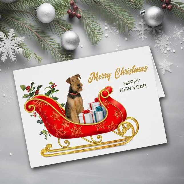 Airedale Terrier Dog Christmas Sleigh Holiday Card (Creator Uploaded)