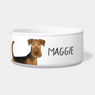 Airedale Terrier Dog Close-Up With Custom Pet Name Bowl