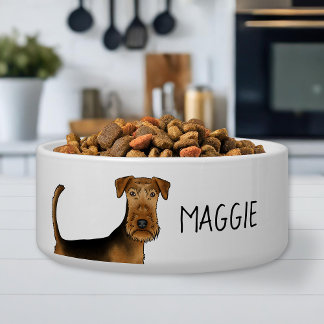 Airedale Terrier Dog Close-Up With Custom Pet Name Bowl