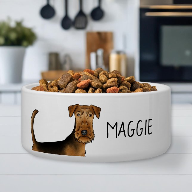 Airedale Terrier Dog Close-Up With Custom Pet Name Bowl (Please note: This image is a digital mockup. The product may not be in scale.)