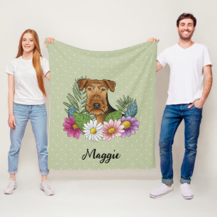 Airedale Terrier Dog Colorful Flowers And Name Fleece Blanket
