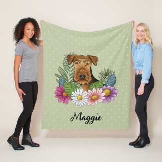 Airedale Terrier Dog Colorful Flowers And Name Fleece Blanket