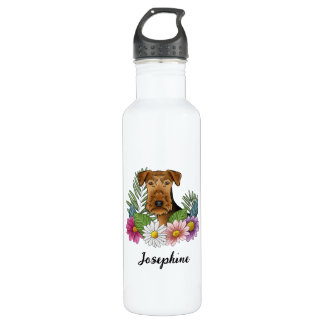 Airedale Terrier Dog Colorful Flowers And Name Stainless Steel Water Bottle