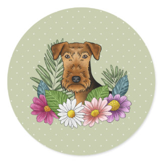 Airedale Terrier Dog Colorful Wildflowers Green Classic Round Sticker